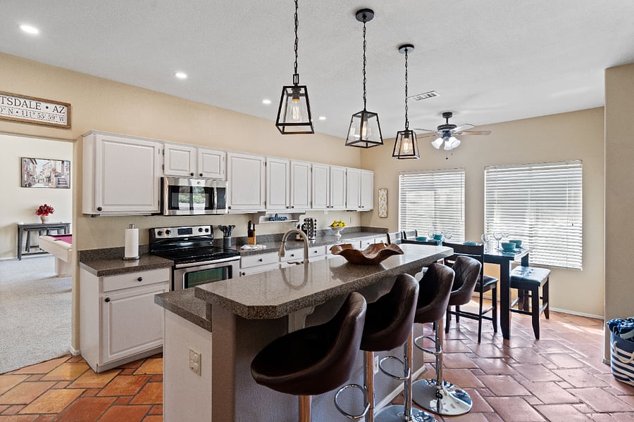 The home features a fully equipped kitchen with everything you need to prepare meals during your stay, including standard appliances, cookware, dishes, utensils, and essential kitchen tools. For your convenience, a Nespresso machine is provided, along with a drip coffee maker.