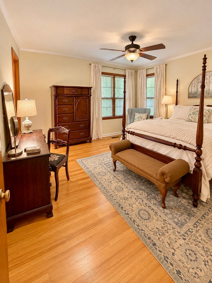 Full size bedroom with desk/vanity. 