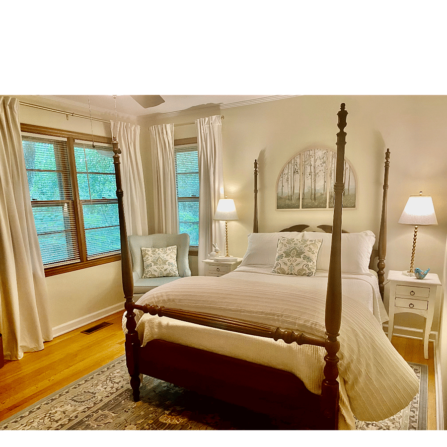Full size bed with bathroom attached.