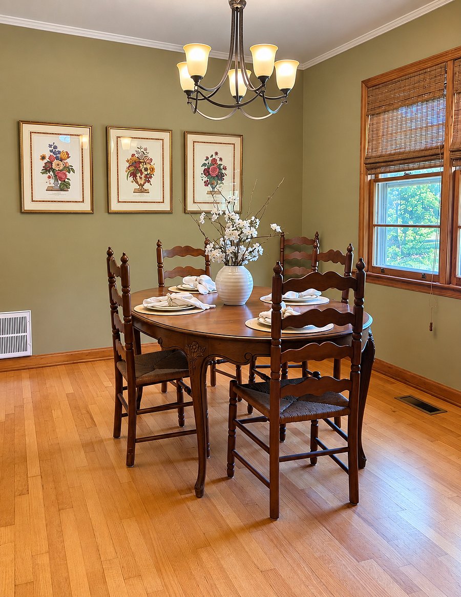 Dining Room table, seats 6 or 8 with added leaf. 