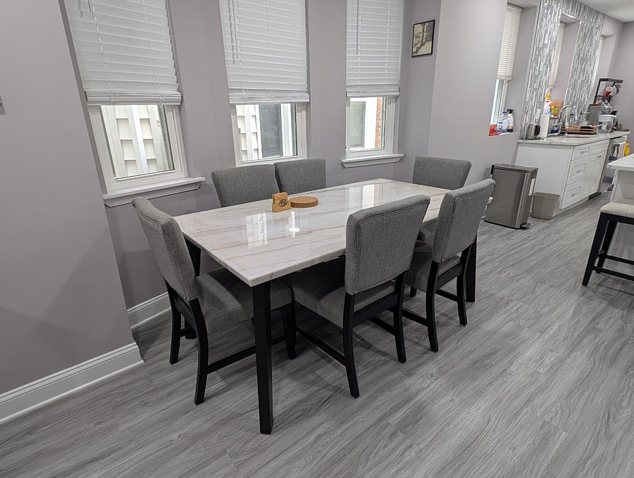 Dining area. Granite top table and 6 chairs. 