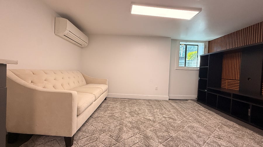 Living room: new carpet, wall, and acoustic wall decorative panels