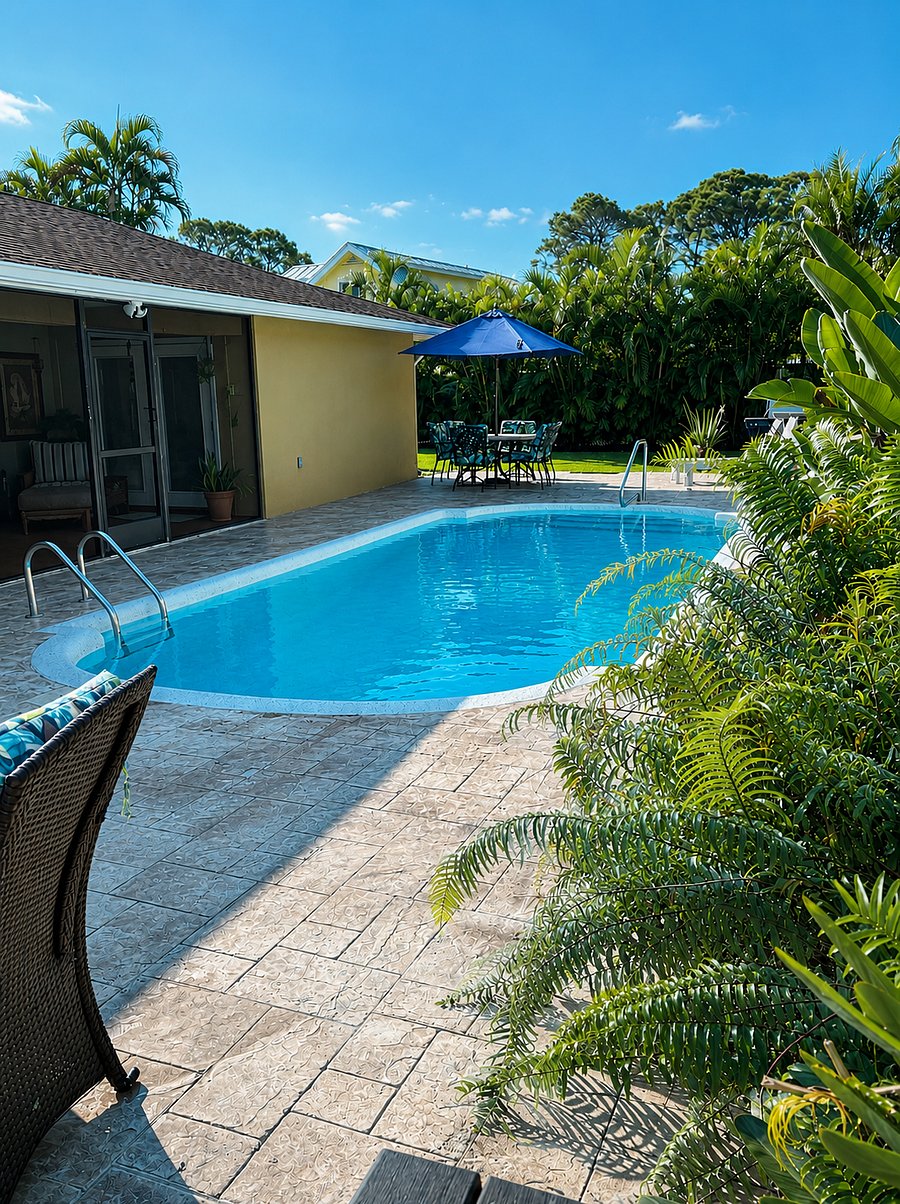 South view of the pool deck and yard