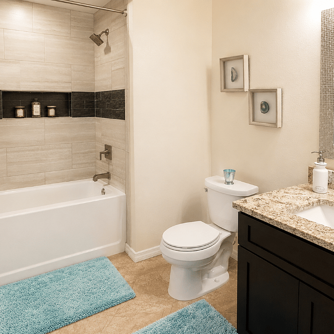 Panoramic view of Guest bathroom includes an extra-deep soaker tub, vanity, and toiletperfect for relaxing after a day at the beach or exploring Sarasota.