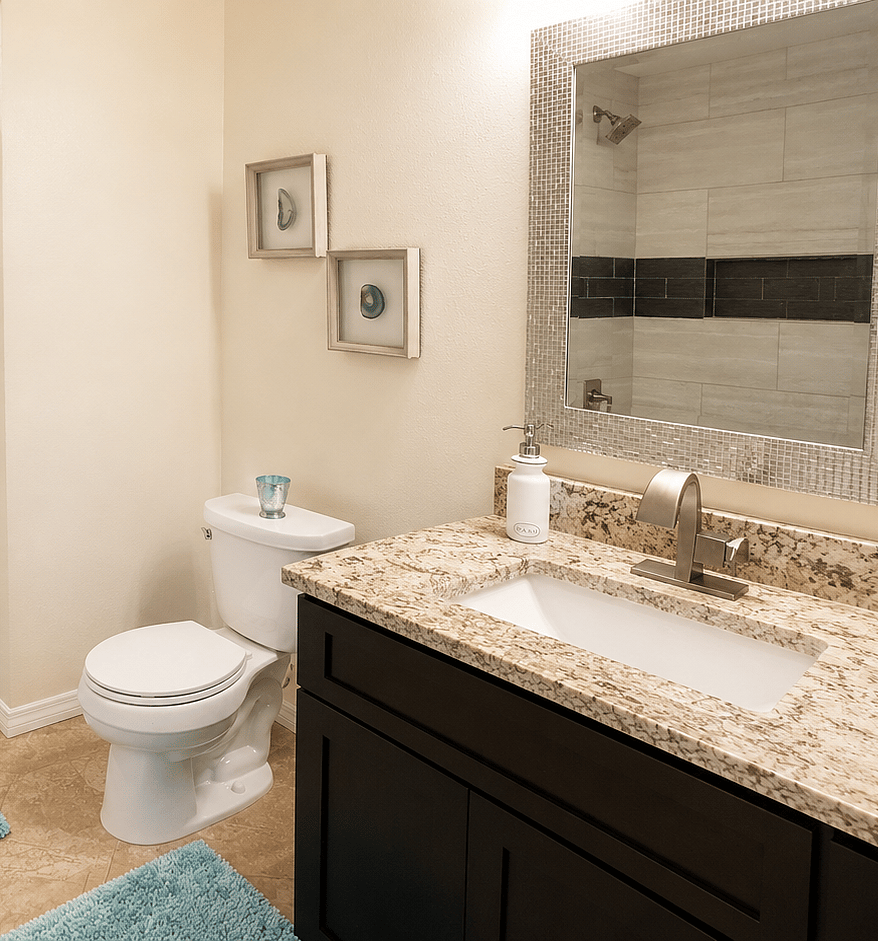 Guest bathroom includes an extra-deep soaker tub, vanity, and toiletperfect for relaxing after a day at the beach or exploring Sarasota.