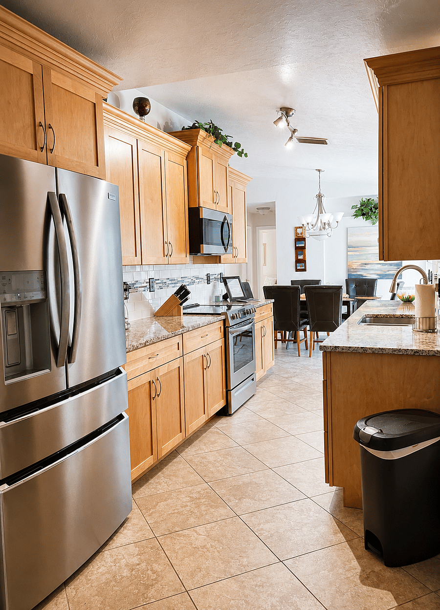 Fully equipped kitchen with cathedral ceilings, granite countertops, cookware, bakeware, linens, Frigidaire Gallery microwave, full-size refrigerator, convection stove, and dishwasher. The dining area includes a 6-person table, perfect for meals, work, or gathering together.