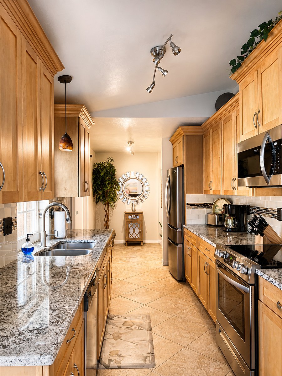 Fully equipped kitchen with cathedral ceilings, granite countertops, cookware, bakeware, linens, Frigidaire Gallery microwave, full-size refrigerator, convection stove, and dishwasher. The dining area includes a 6-person table, perfect for meals, work, or gathering together.