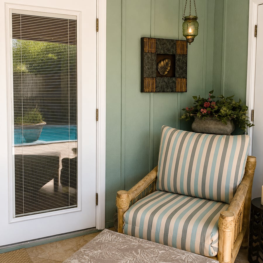Relax in the screened lanai overlooking the pool deck, featuring a comfy couch perfect for naps and a cozy sitting area ideal for reading a book, enjoying morning coffee, or unwinding after a day in Sarasota.
