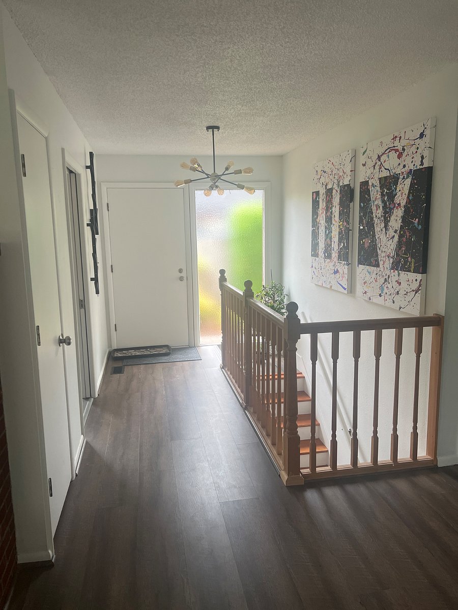 Front entry. Stairs go to a locked door between upper and lower unit. This rental listing is for upper unit only.
