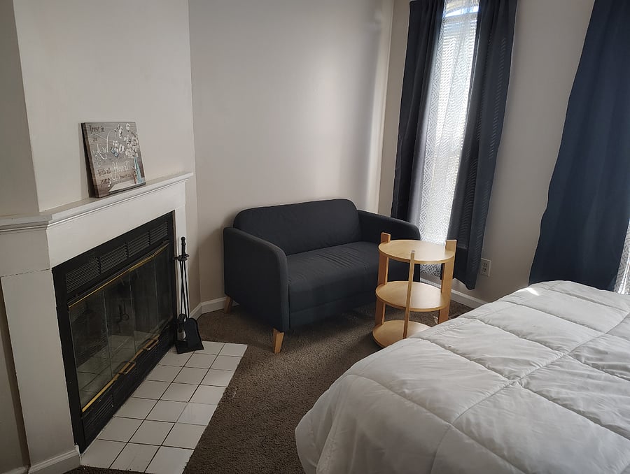 Master bed seating and fireplace