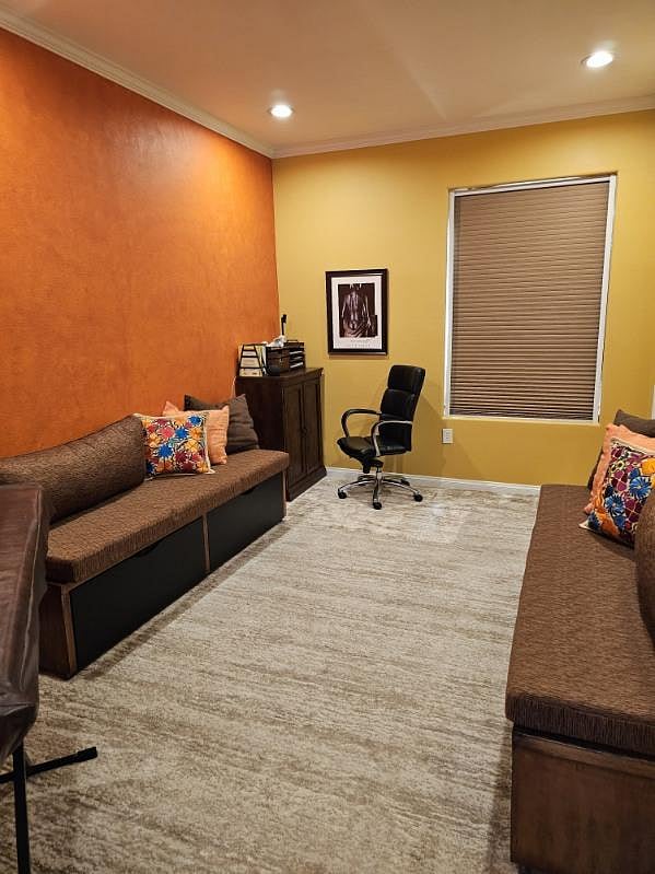 Guest bedroom can double as an office with two single size benches with Tempur-Pedic cushions