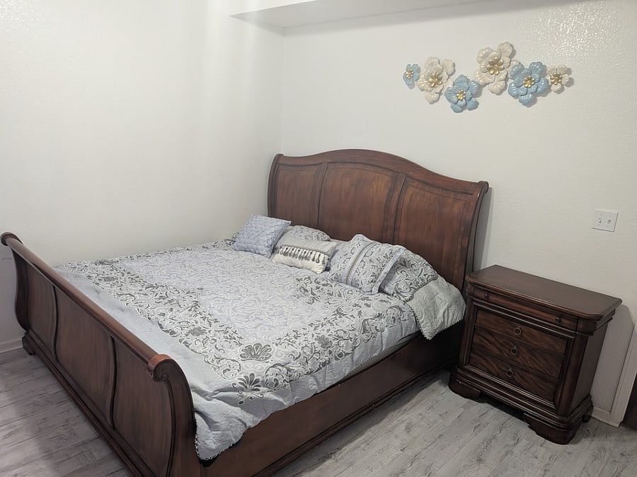 Master bed King, also has TV and dedicated work desk with chair