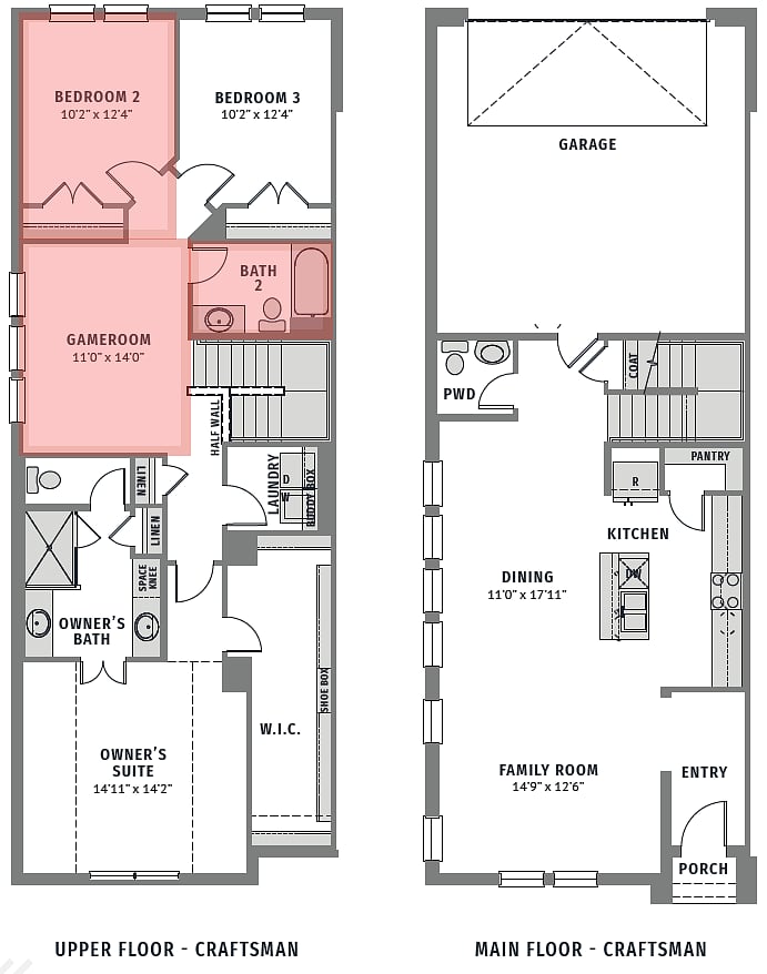 Floor Plan of House. Areas in Red are for renter use only. Bedroom next to renters bedroom is a home office.