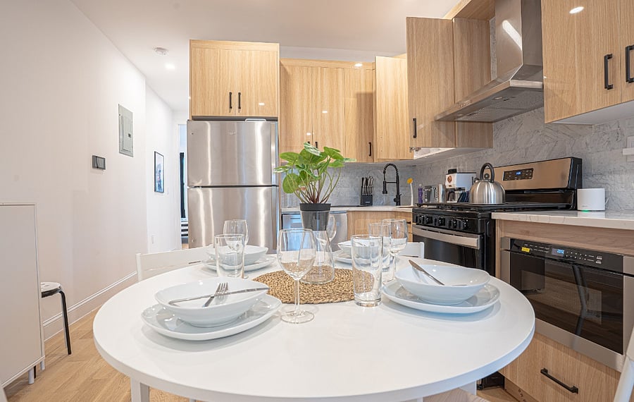 Dining area with sofa and styled accents