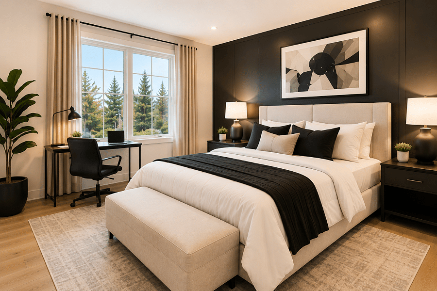 Spacious Primary Suite Featuring Premium Bedding and Dedicated Workspace
