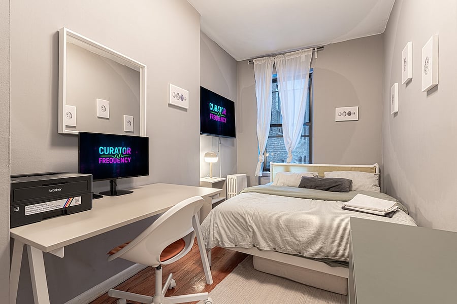 Dedicated workspace with desk, monitor & printer for remote work