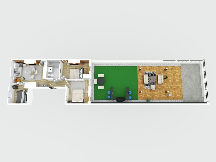 3D floor plan  three bedrooms, renovated kitchen and bath, plus the private terrace.