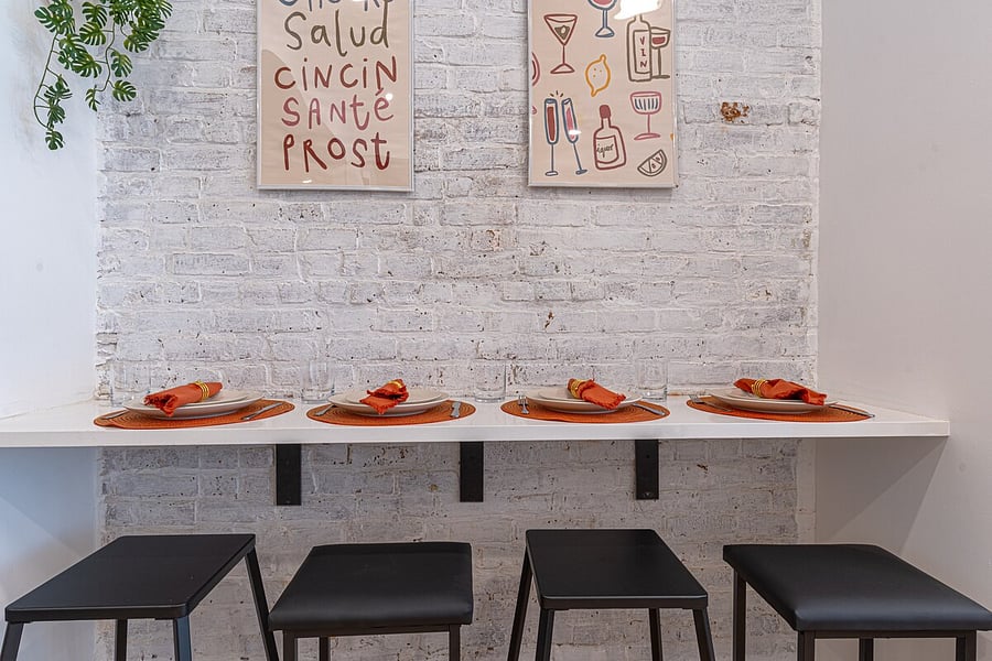 Coffee bar corner with full-size appliances start your Brooklyn mornings right.