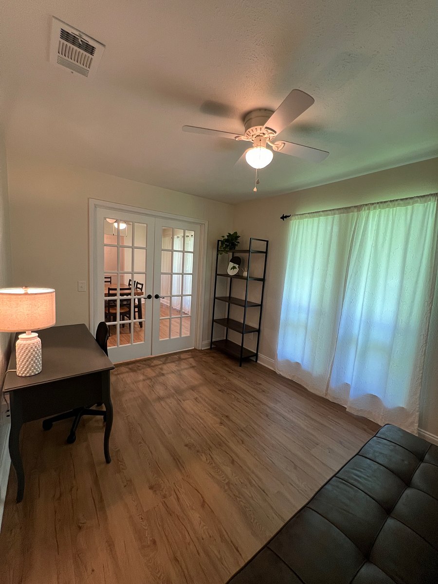 Dedicated work space for working from home or just needing to step away from the noise. This space also has a leather sofa bed for extra sleeping space.
