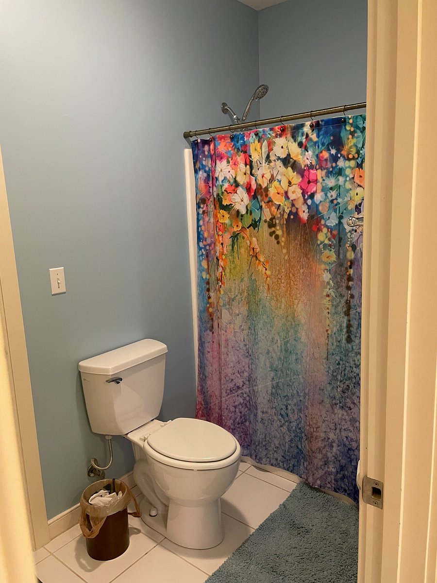 bathroom shower with colorful curtains 

towels are included 