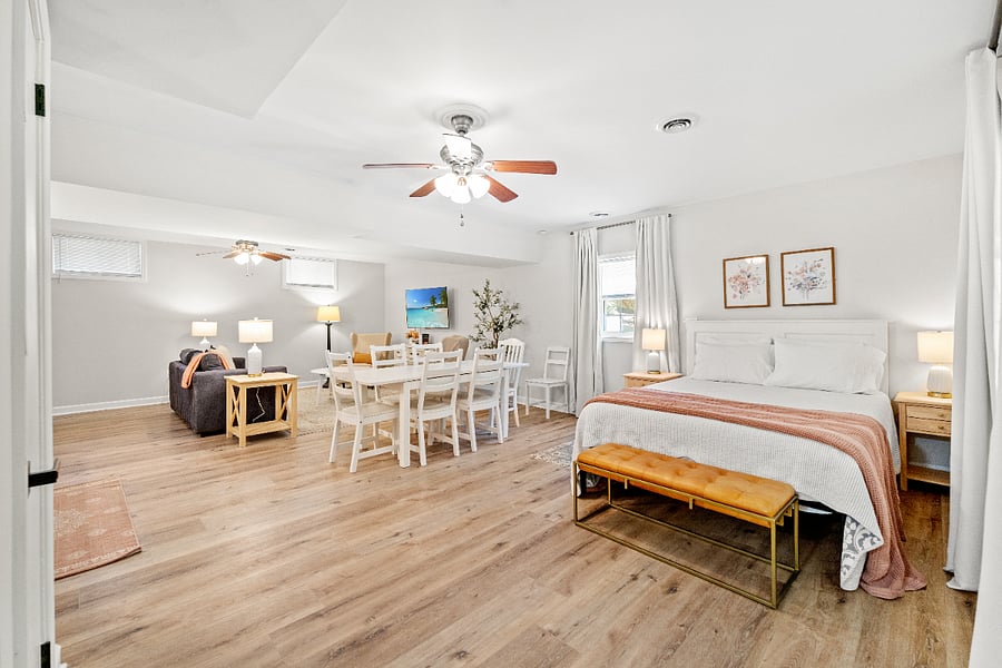 Layout of the big room - Living, Dining, Queen Sofa Sleeper and Queen Bed.  Kitchen is not showing in this shot.