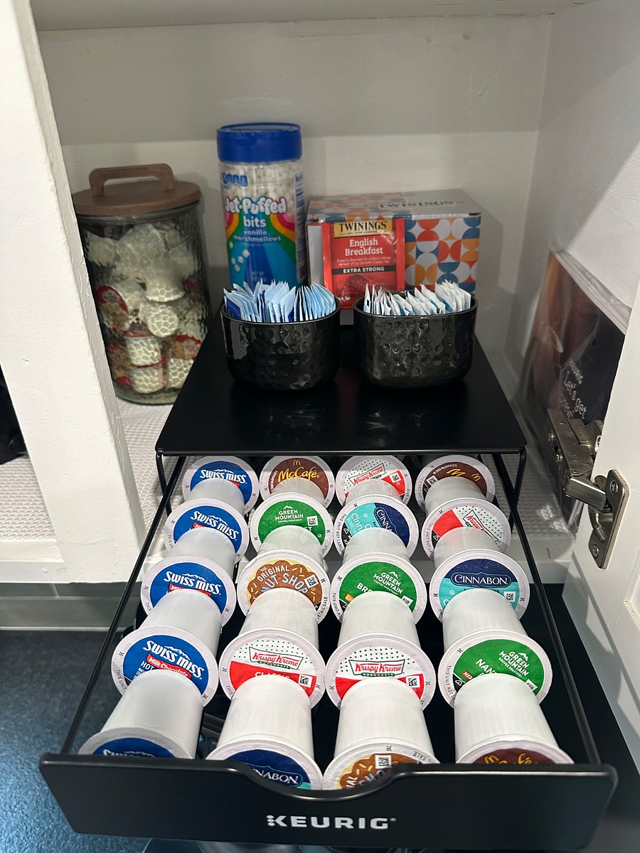 Coffee K-Pods, Hot Chocolate, Tea, Sugar, Stevia, and Coffee Creamer- Ready for you to enjoy.