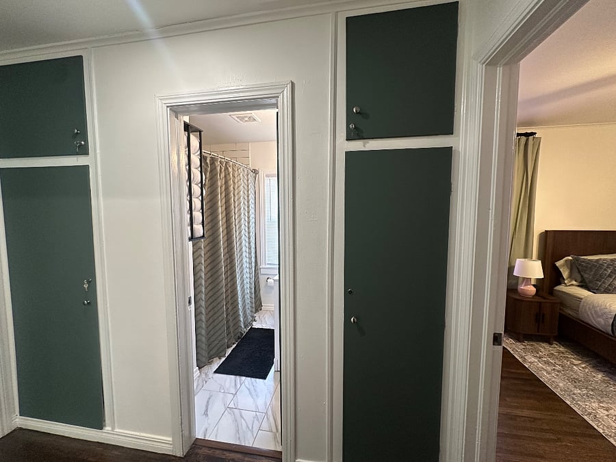 The full bath is centrally located in the center of the house.