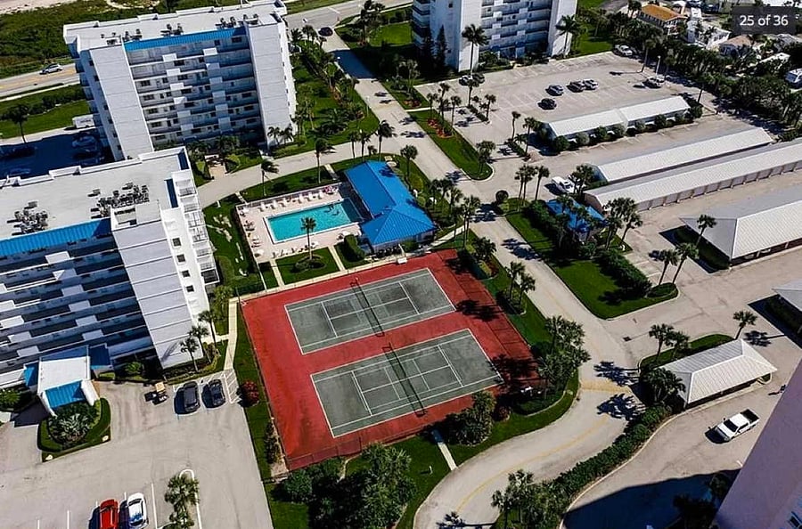 Main pool, community exercise room in clubhouse, and tennis courts before resurfacing