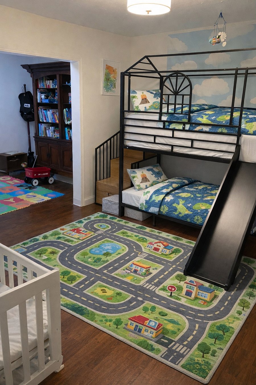 Upstairs kids' room has an attached playroom. 