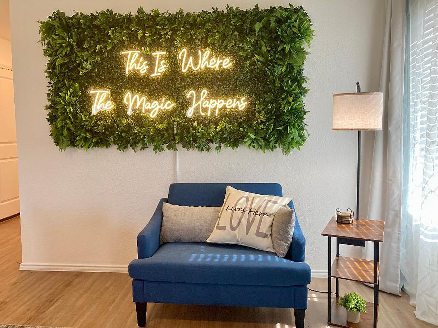 LED feature in the living room, "This Is Where The Magic Happens"