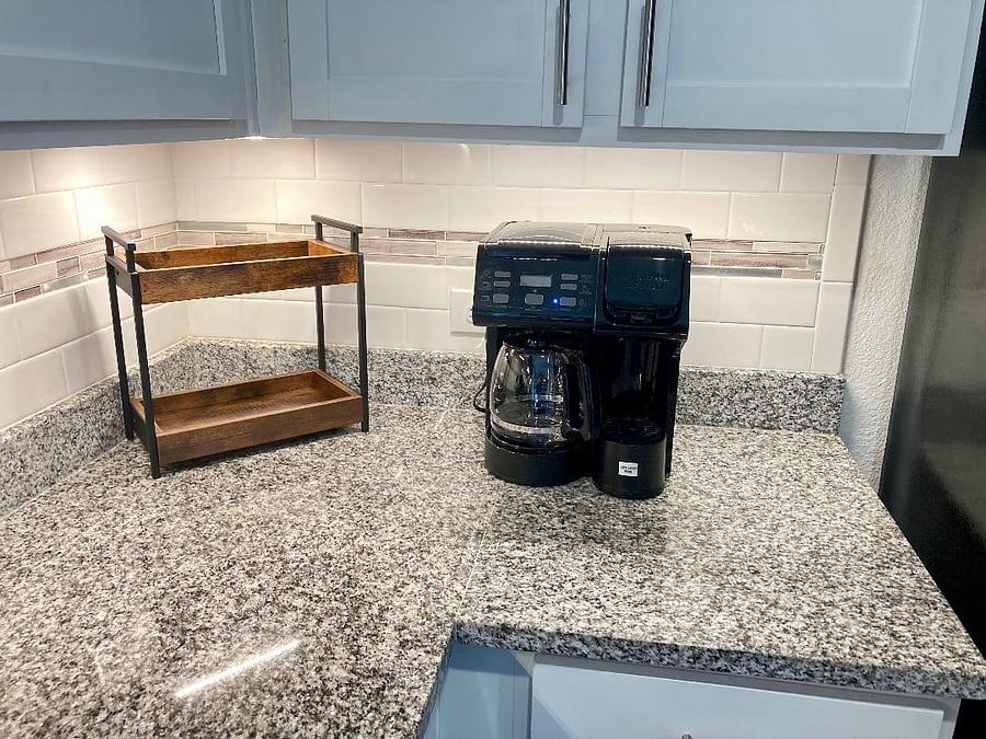 Kitchen is fully stocked for those who like to cook their own meals! Complimentary coffee, tea, creamer and sugar included!