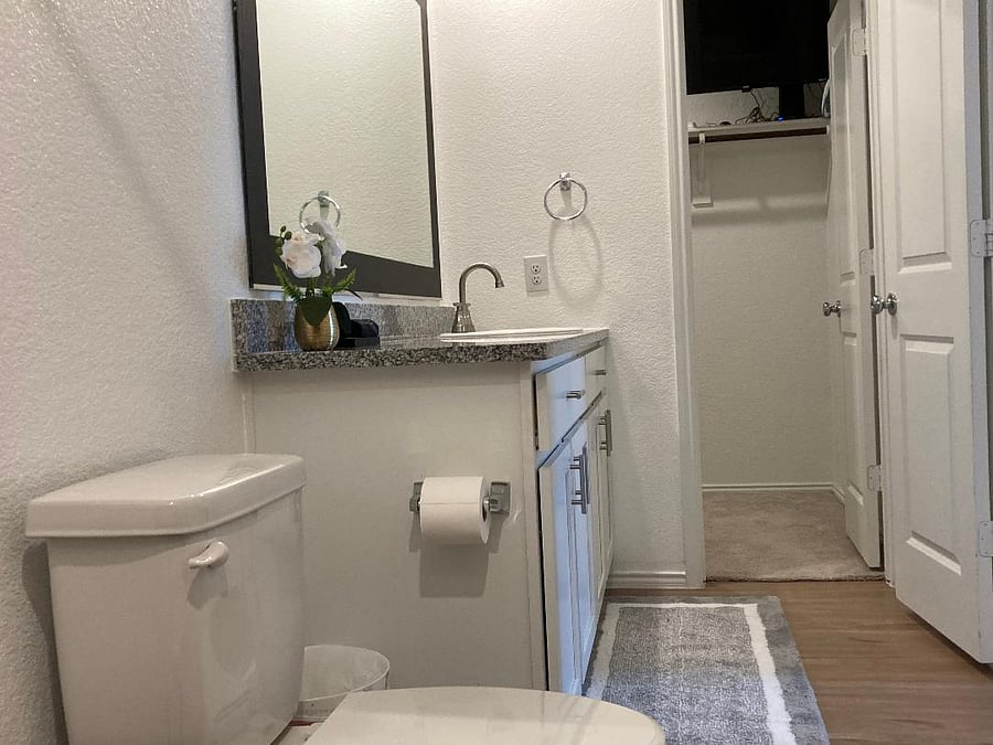 The master bathroom connects to a large walk-in closet with Swann Security Camera visible on TV.