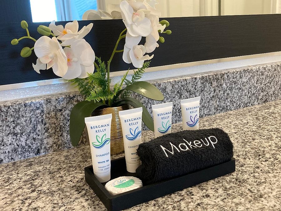 Complimentary Shampoo, Conditioner, Body Wash, Soap and Make Up Towels included.