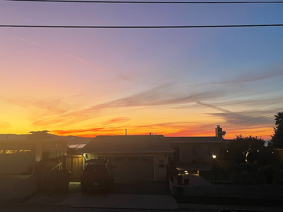 View from front door at sunset.