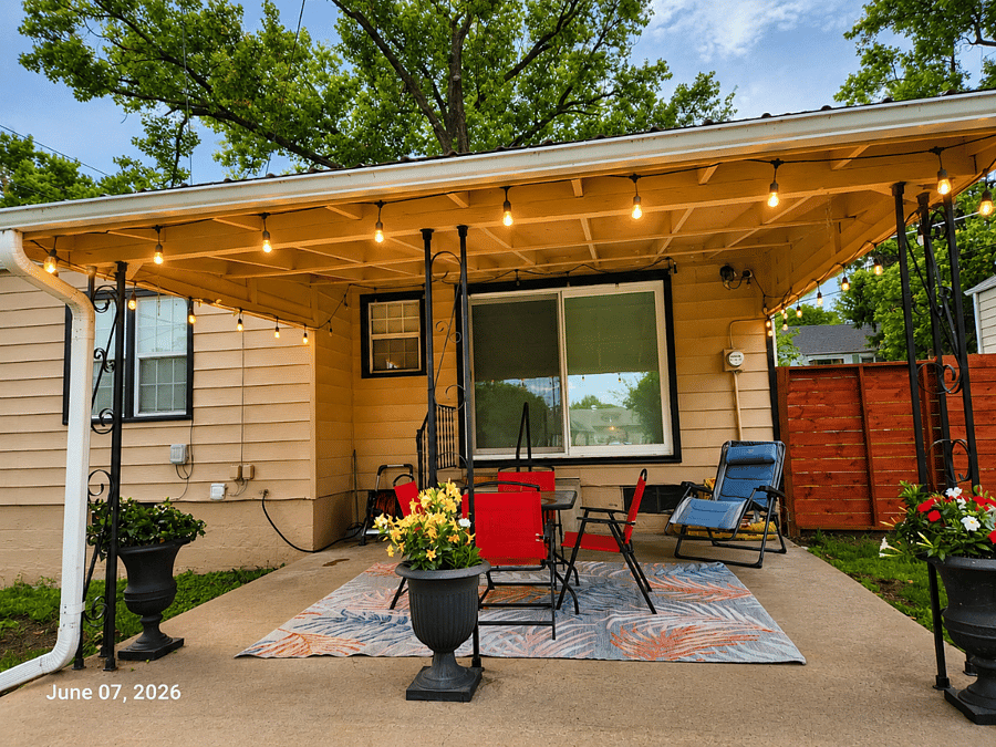 Relax Under the Covered Patio with Cozy Evening Lighting