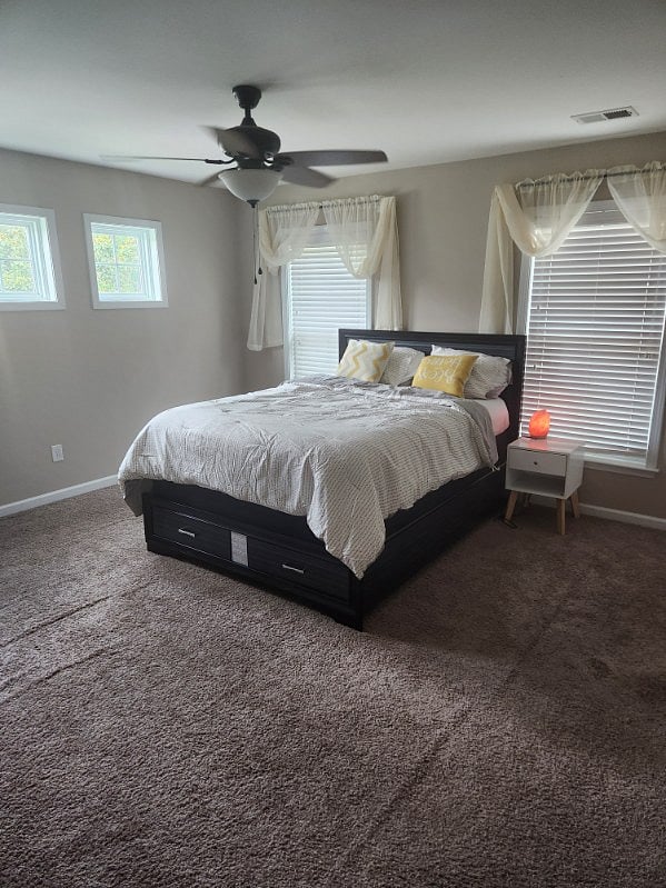 Master Bedroom: Queen size bed, ceiling fan, spacious walk in closet, and private bathroom.