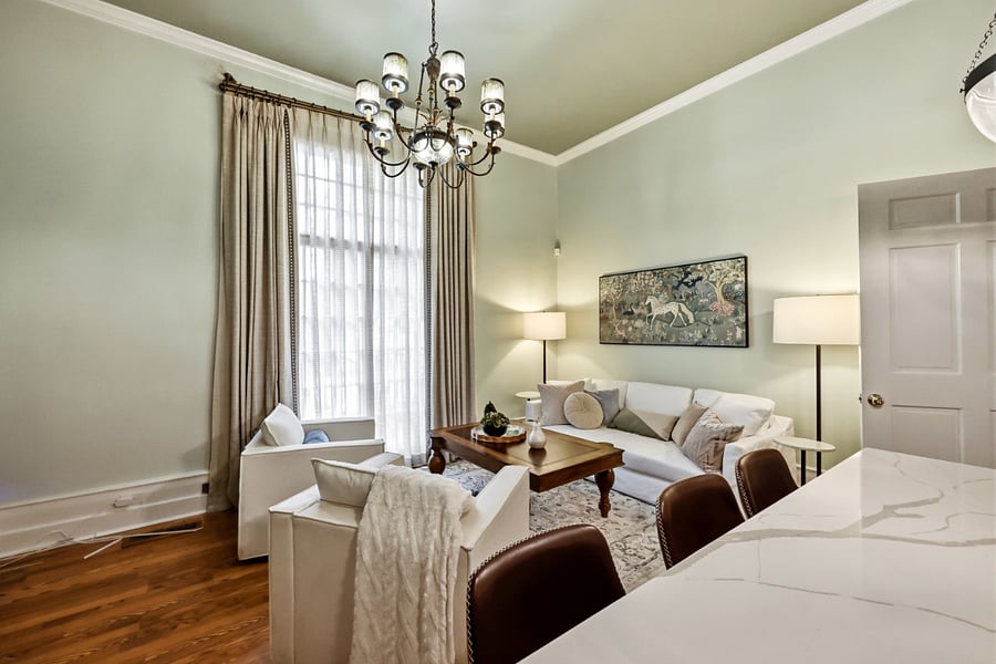 Flooded with daylight and a nice view of the 'Tallest Building in the World" the living room in the Bell-Smith Suite is ready for you to kick off your shoes and relax.