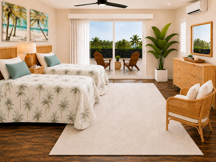Bedroom #2 with ocean view and sliding glass door to Northern lanai. Ensuite bathroom with step in tub and shower