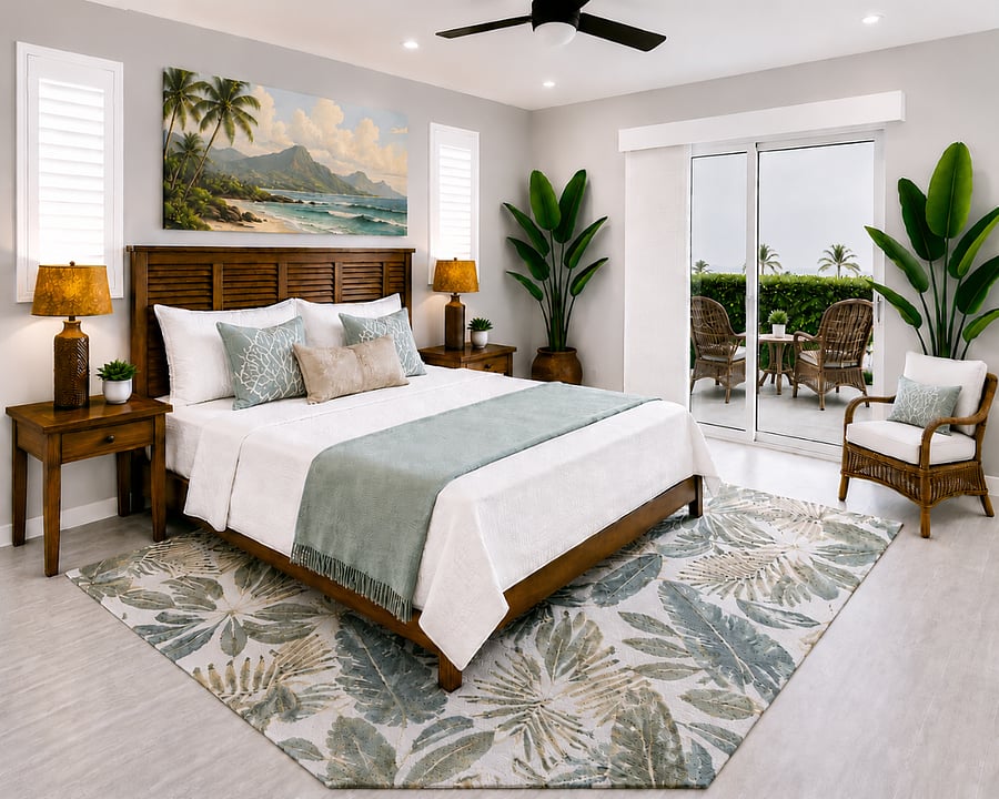 Primary bedroom with ocean view and sliding glass doors to Southern lanai