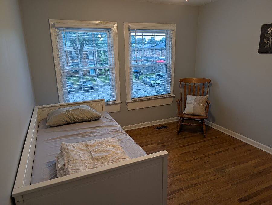 Blue bedroom, bed converts from single to double