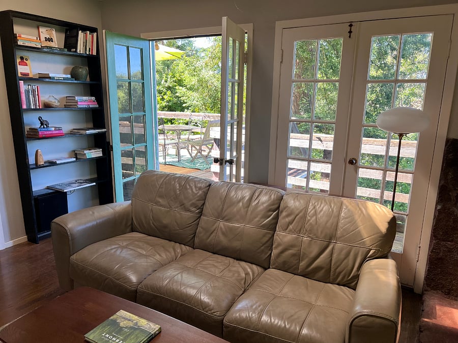 Living room with French doors to deck