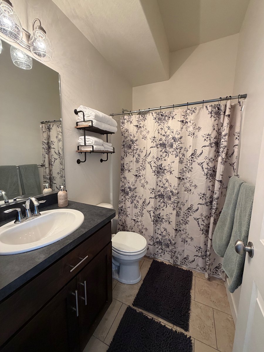 Lower level full bath with tub/shower combination in the hall just outside bedroom 4.