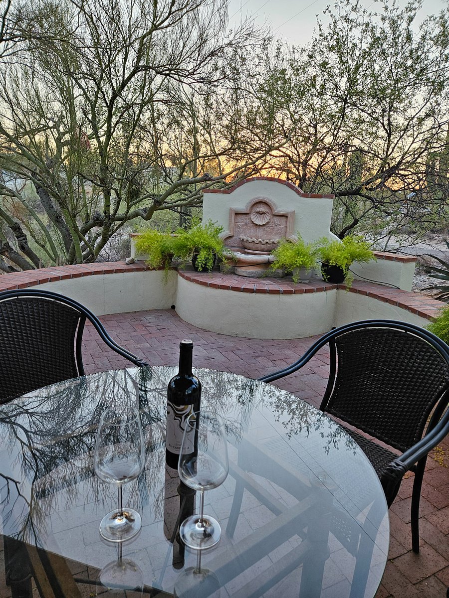 Rear covered patio off study/office.  Ceiling fan for summer comfort.  Enjoy the desert landscape, mountain views and wildlife.