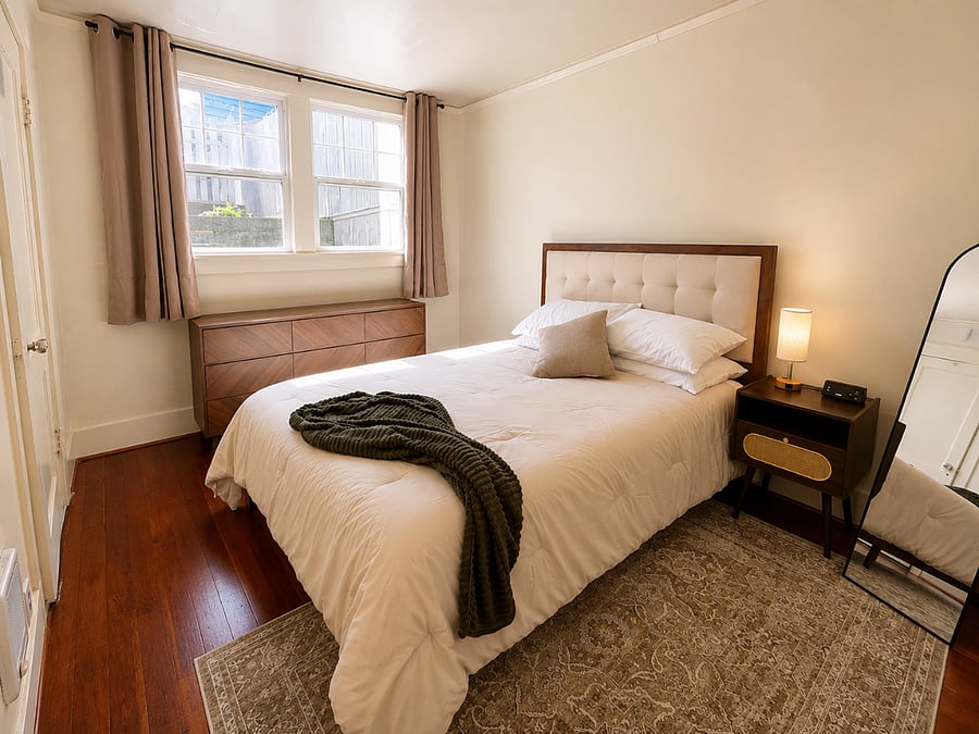 Bright second bedroom with a queen bed, cozy bedding, blackout curtains and a dresser.