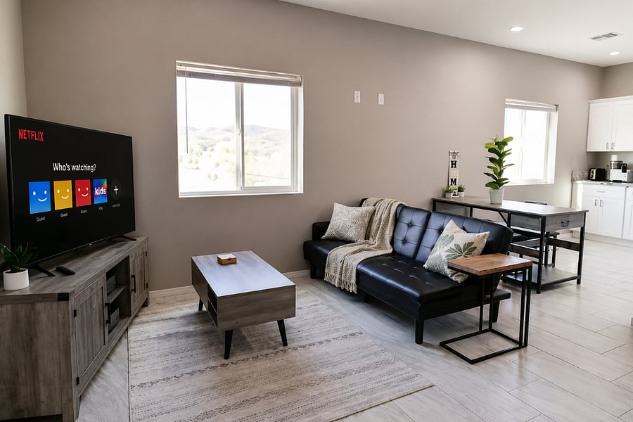 Bright, modern living room with natural light, smart TV, and a cozy sofa. Open layout flows into the dining area and kitchen perfect for relaxing, working, or unwinding after a long day.