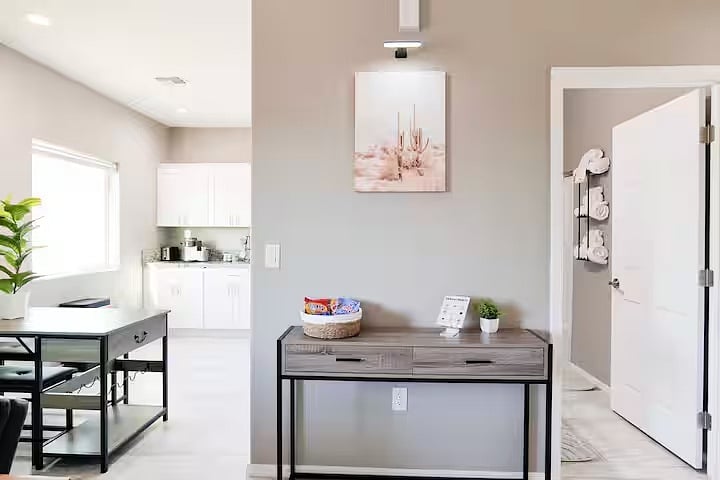 Clean, modern interior with added touches like complimentary snacks creating a comfortable and convenient stay for both short and extended visits.