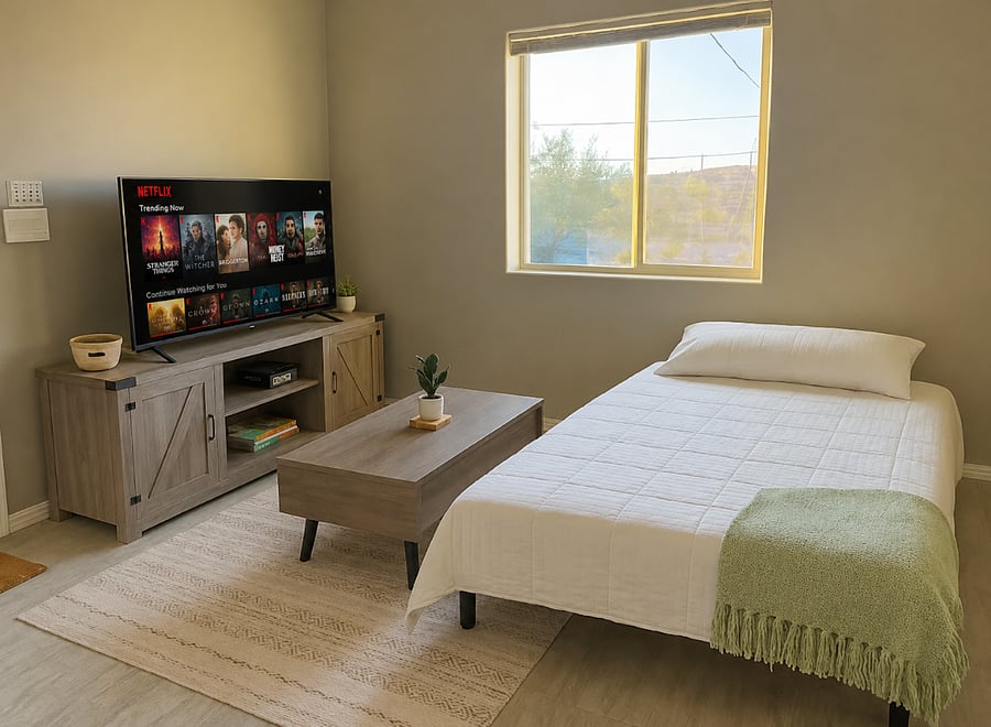 The sofa converts into a full bed for additional guests. Extra linens and bedding are stored in the hallway.