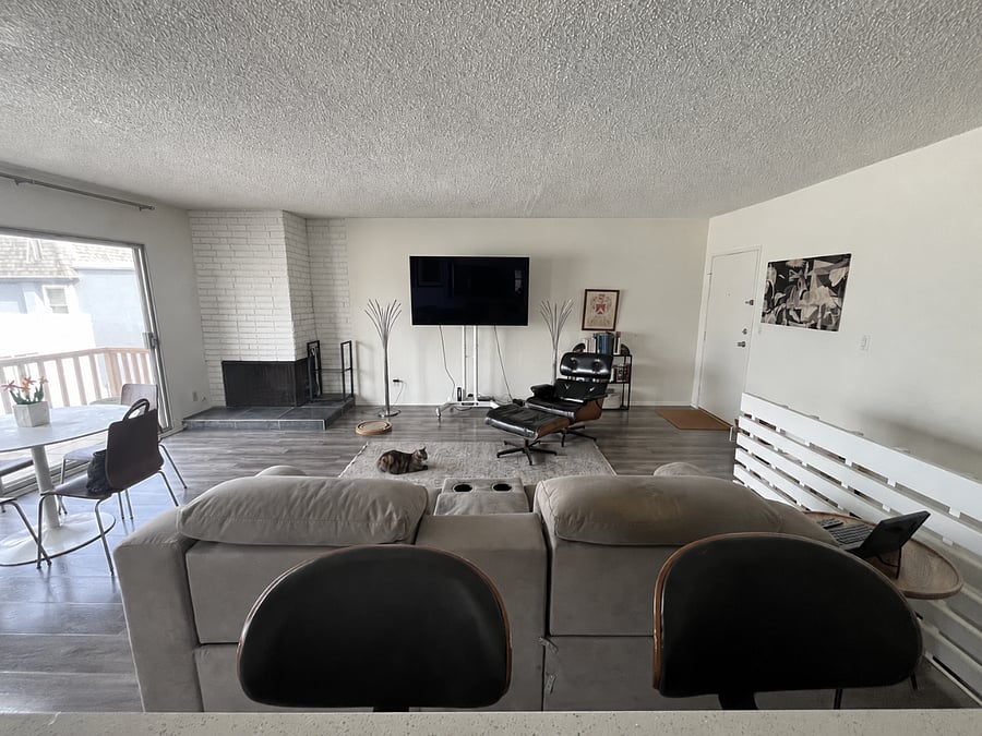 Living room with wood-burning fireplace and large-screen TV