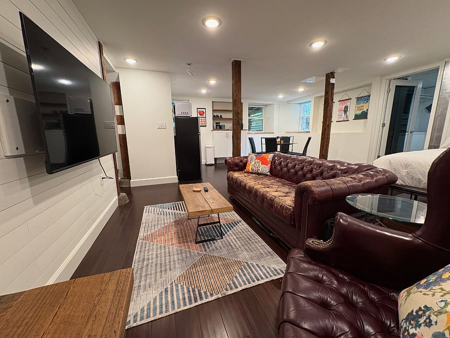 Living area: looking diagonally from armchair across to the dining area