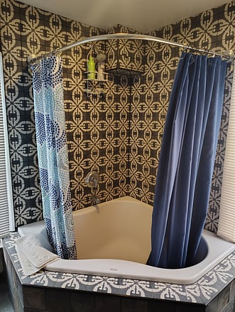 Shared main bath. Unique shower design (but no jets etc).